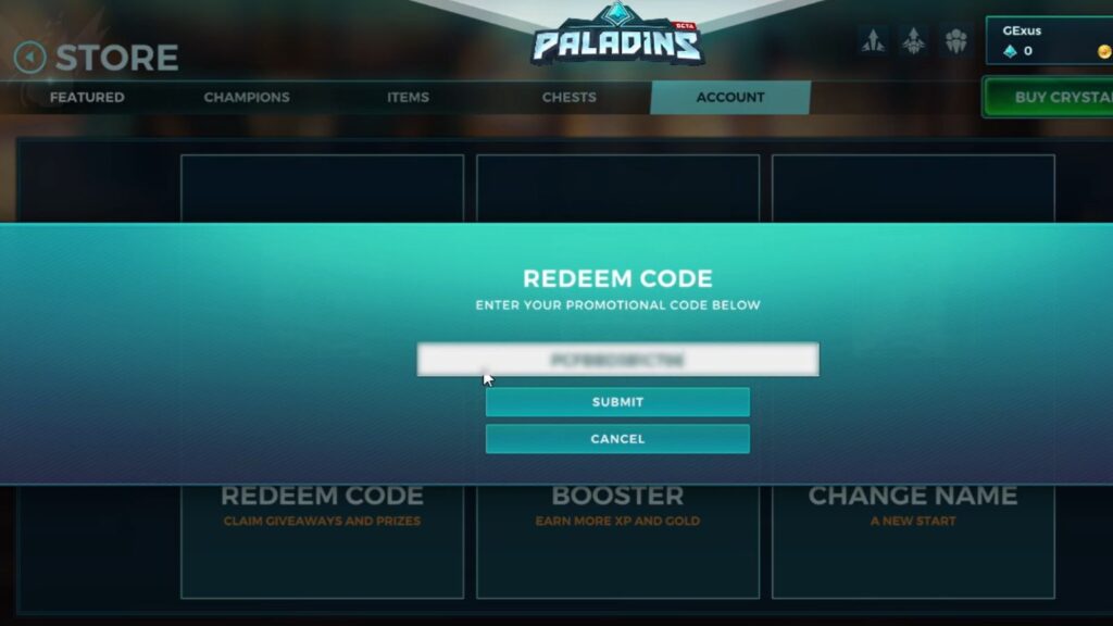 Paladins code redemption page